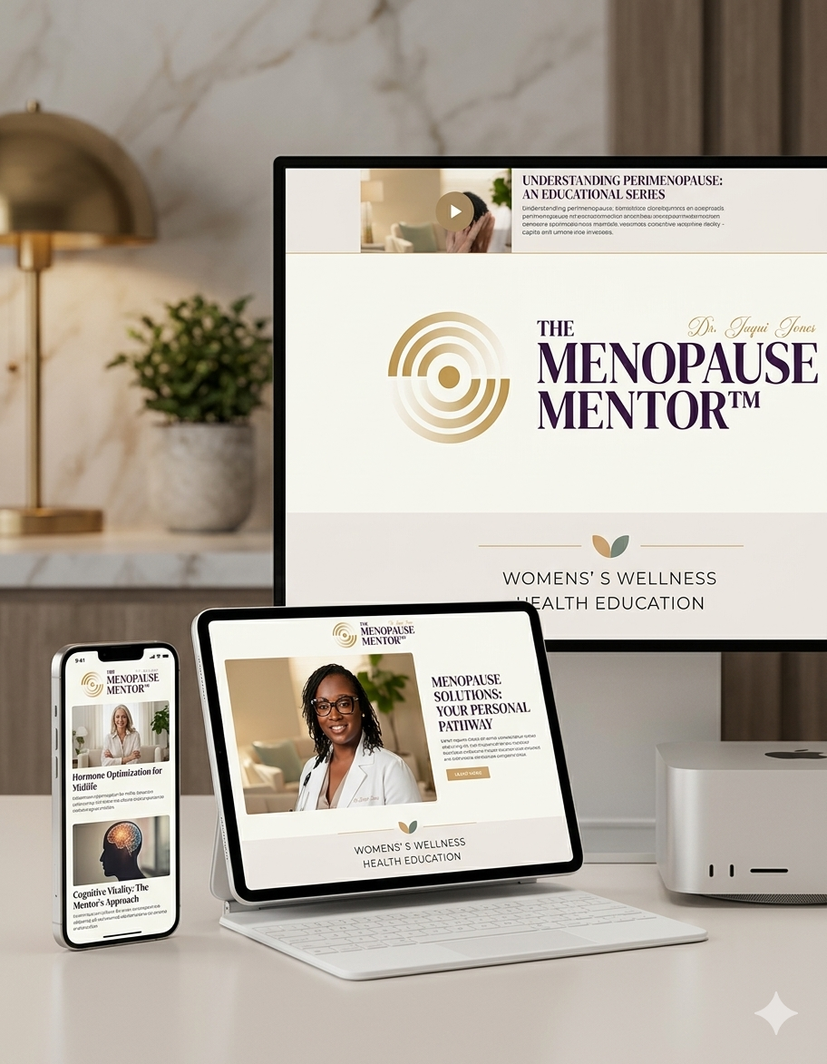 The Menopause Mentor website mockup on desktop, tablet, and phone